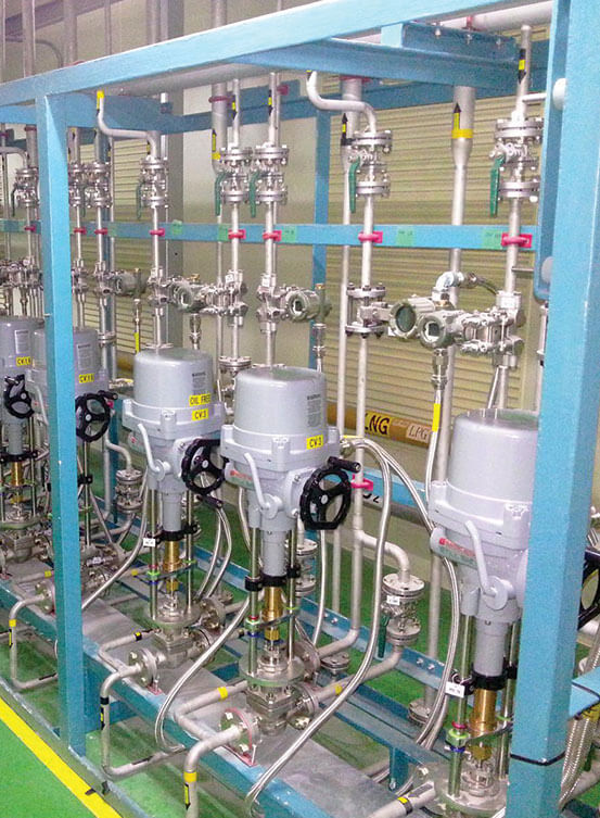 Industrial actuated control valves with electric actuators installed in a testing and fabrication facility at Tatlian Hardware Singapore
